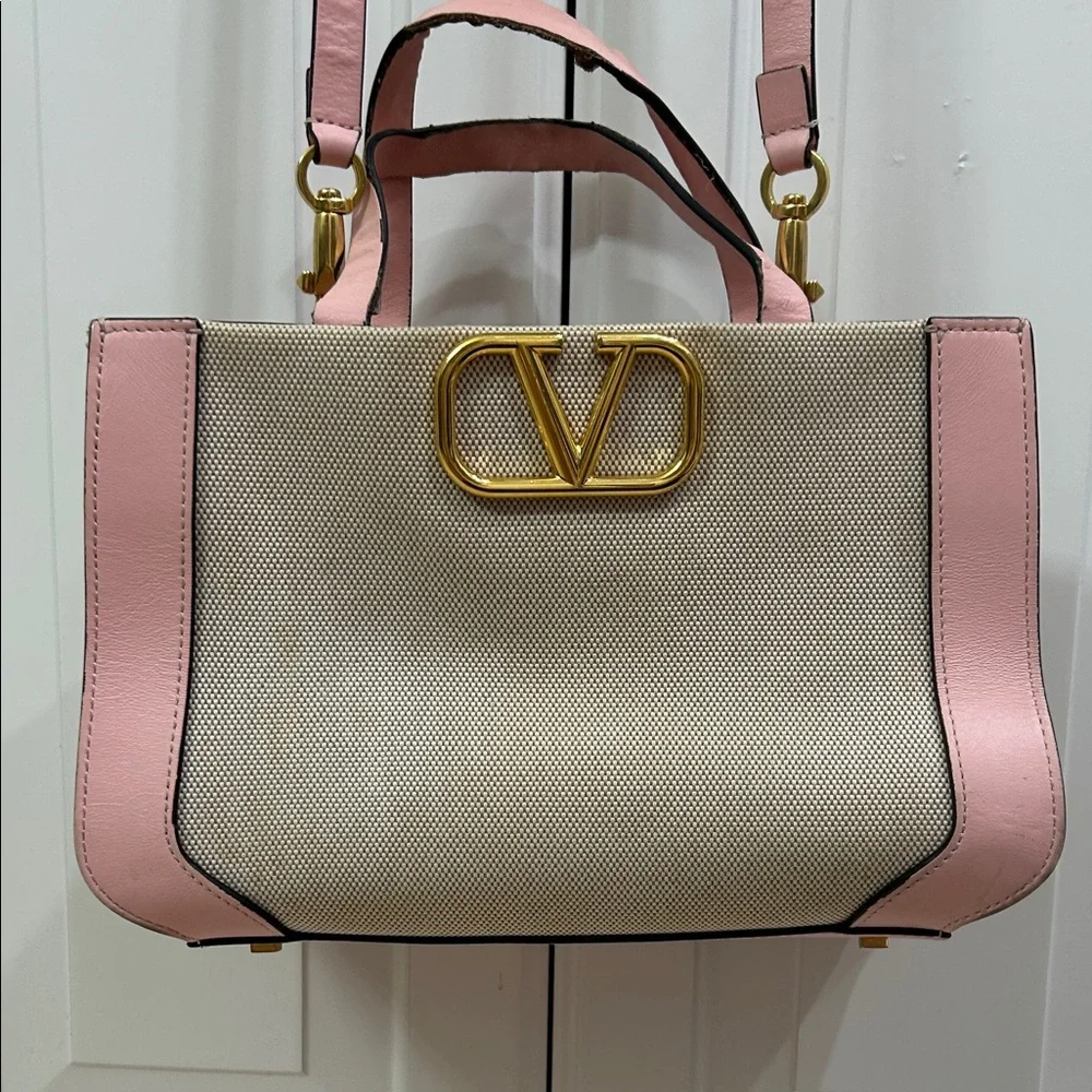 Valentino Garavani Pink Leather and  Canvas  Small tote bag VG gold logo